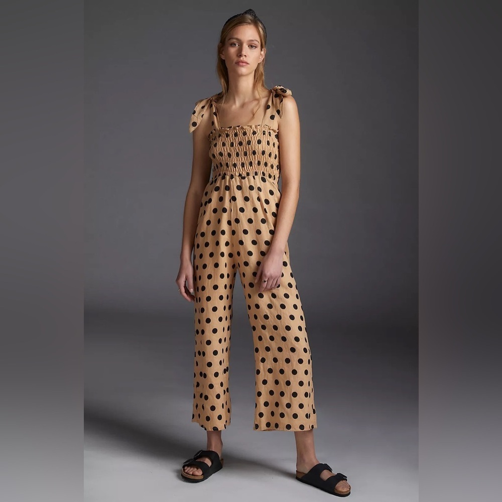 Faithful the Brand x Anthropolgie Emelda Smocked Jumpsuit in Tan/Black Polka Dot - Picture 3 of 10
